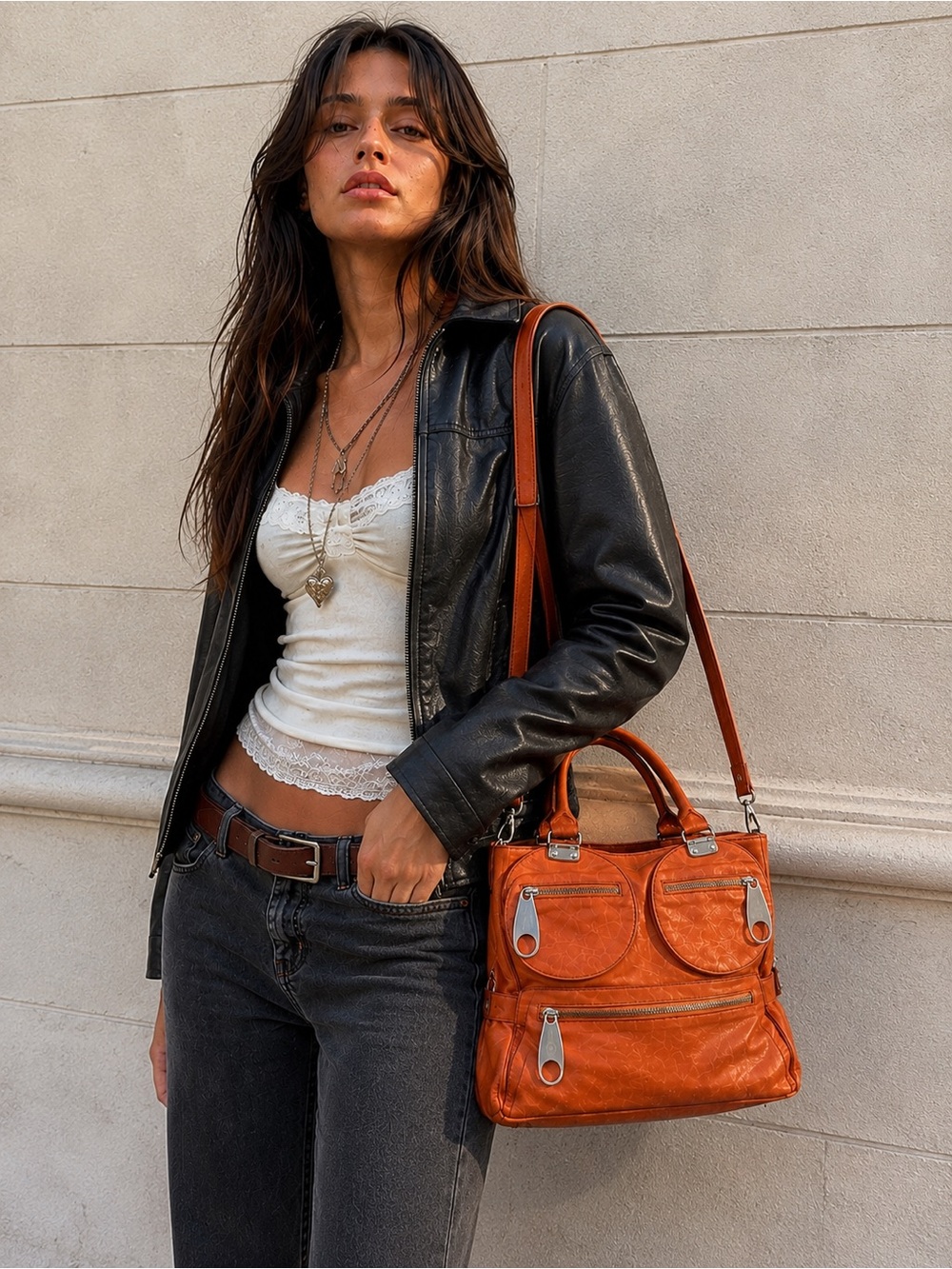 Rare Y2K Regina Italy Genuine Leather Moto City Bag Cognac